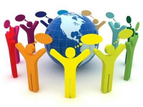 figures standing around globe