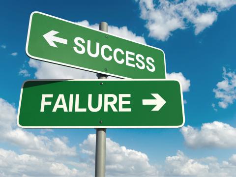Signs pointing toward success one way and failure the other