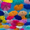 Collection of colorful open umbrellas creating coverage